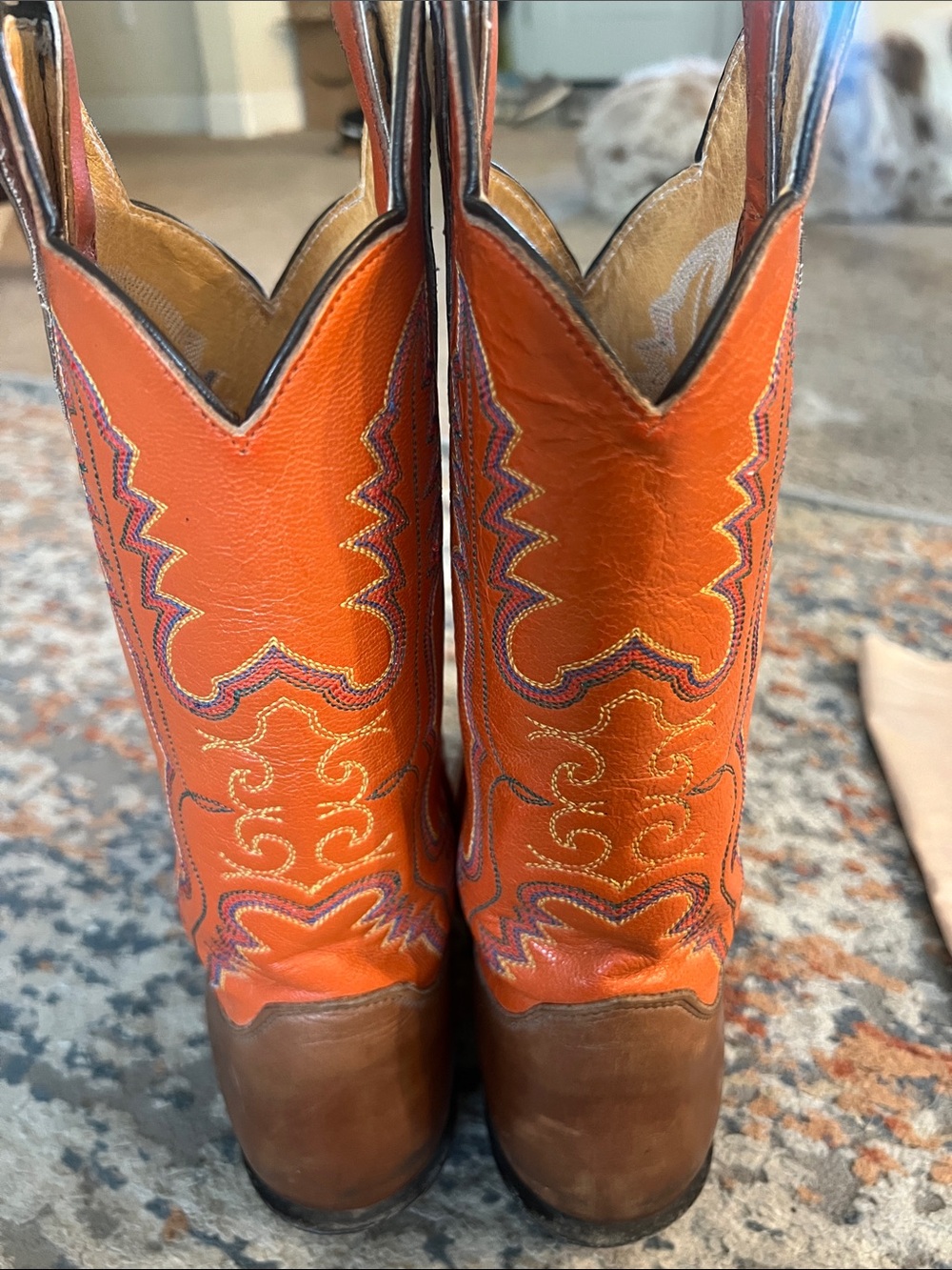 Justin Boots Orange and Brown Leather Western Heeled Boots - Picture 2 of 5